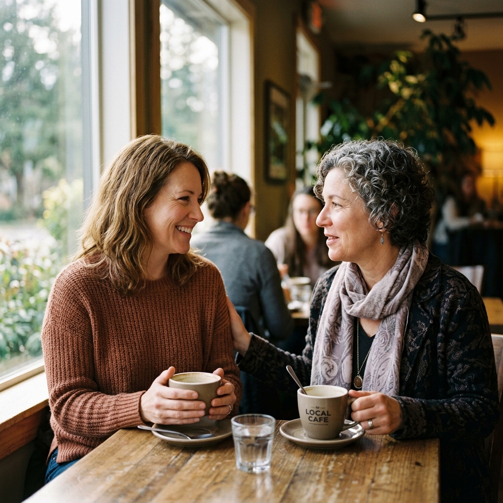 Two people having a supportive conversation over coffee